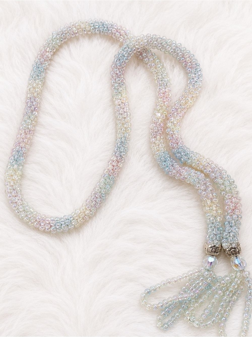 Y2 K Vintage Necklace Pastel Iridescent Beaded Lariat ~ Whimsical Rainbow Tassel
